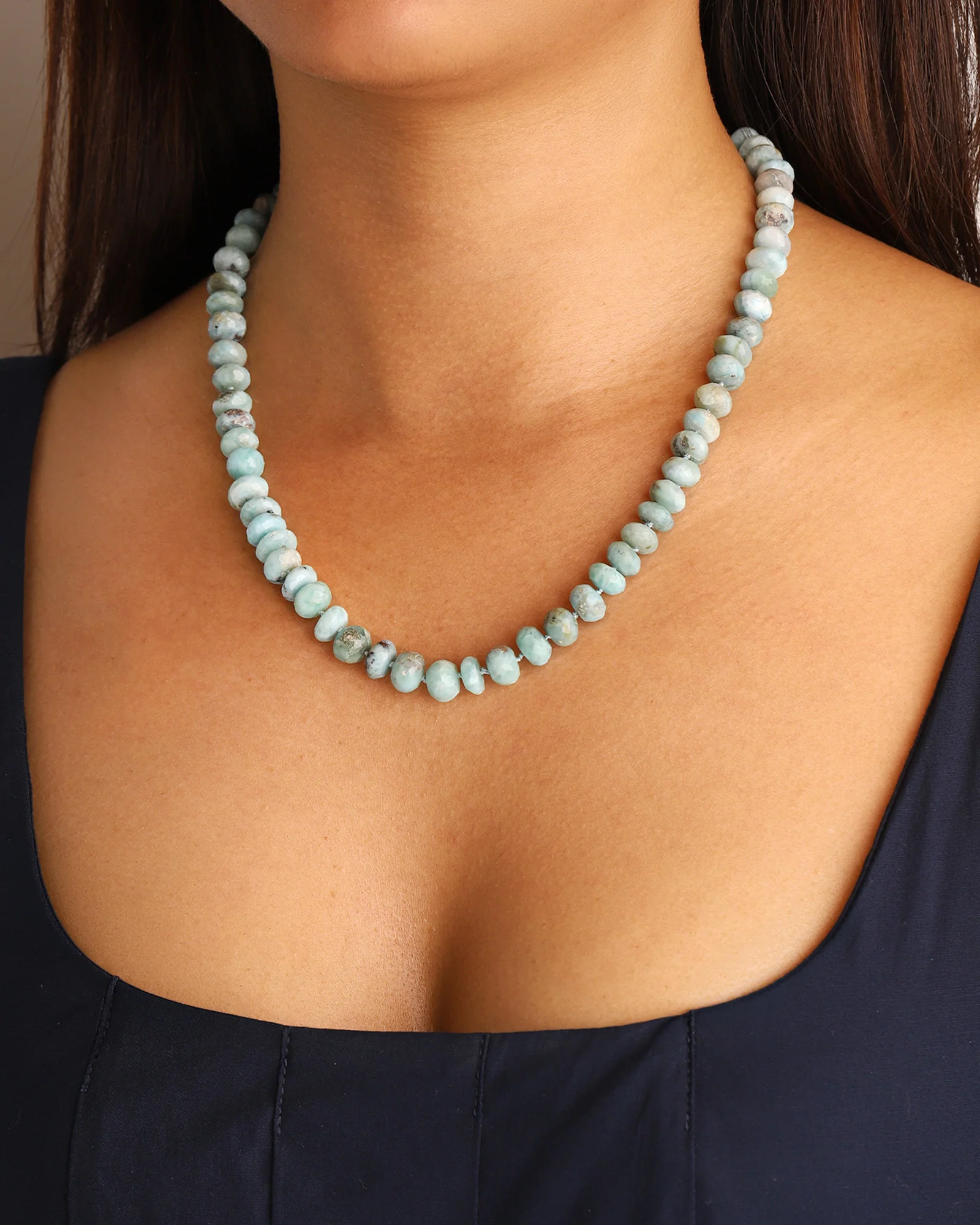Faceted Larimar Rondelle Beaded Necklace | 10mm - Image 2