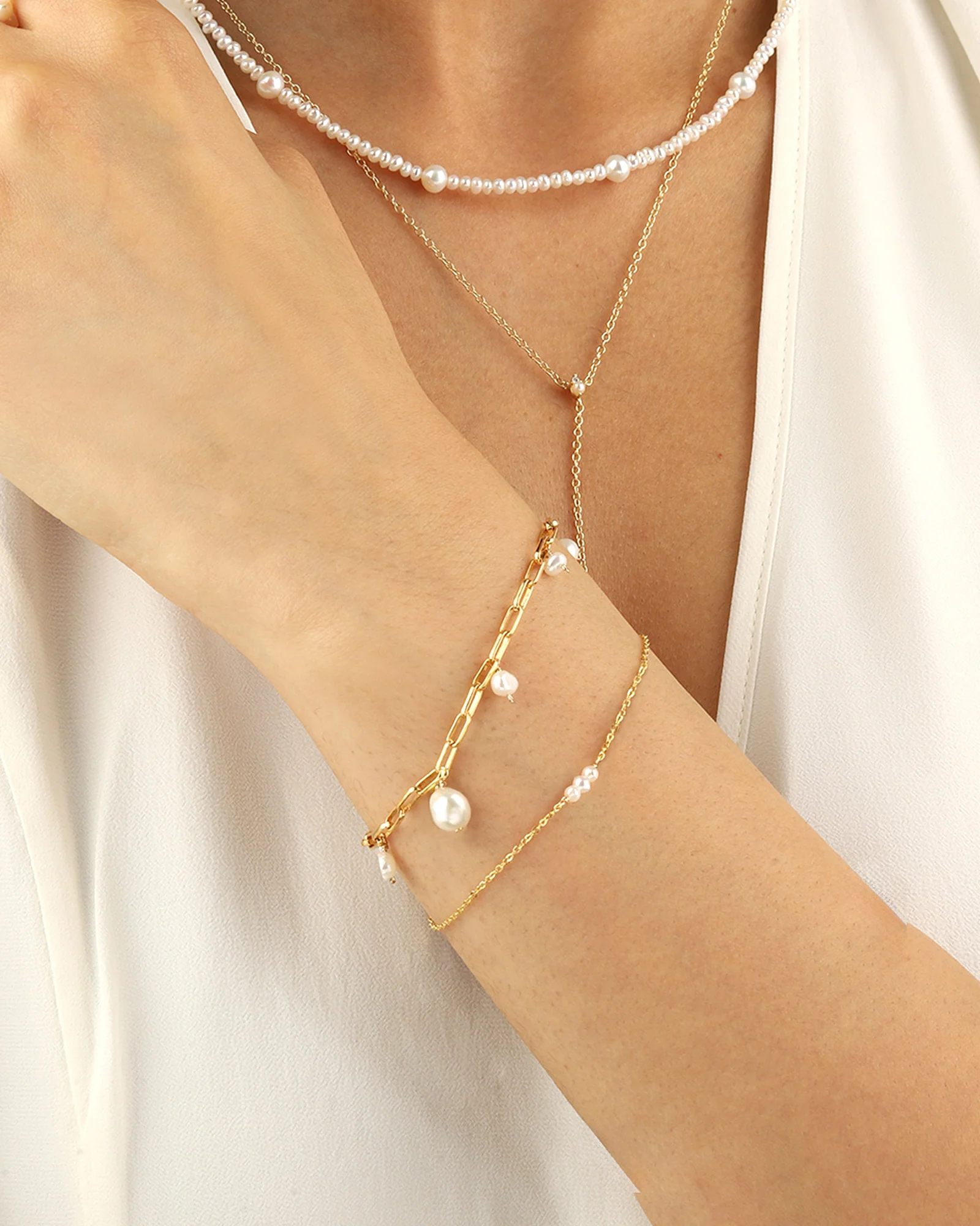 Mixed Pearl Drop Chain Bracelet - Image 2