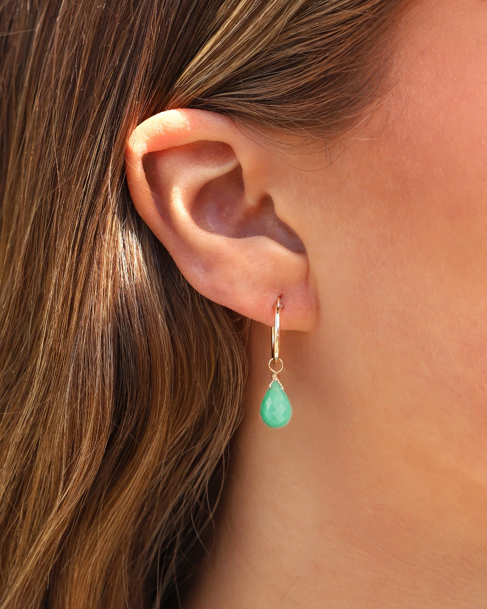 Green Chalcedony Teardrop Floating Drop Huggies | 14mm - Image 2