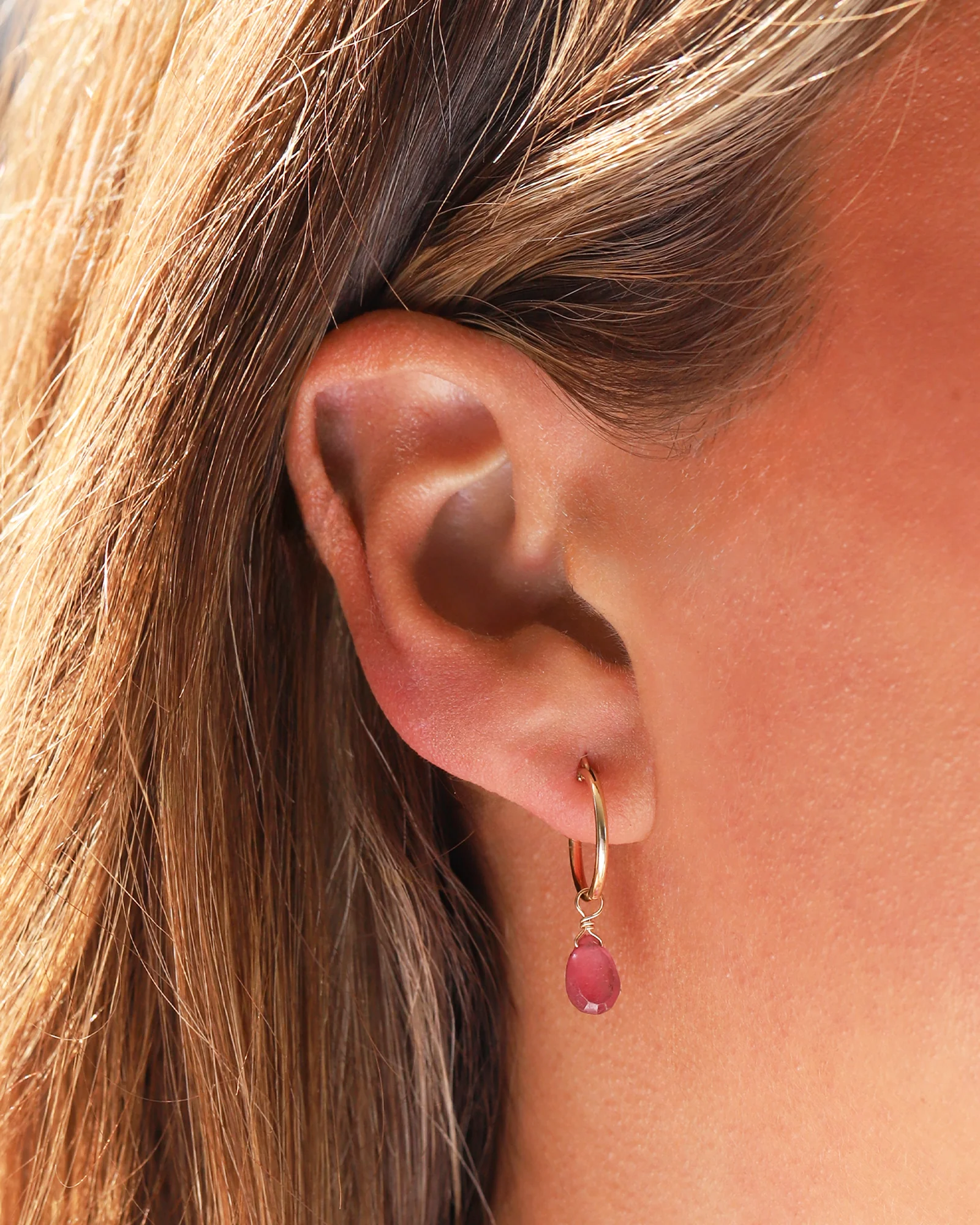 Pink Sapphire Pear Floating Drop Huggies | 14mm - Image 2