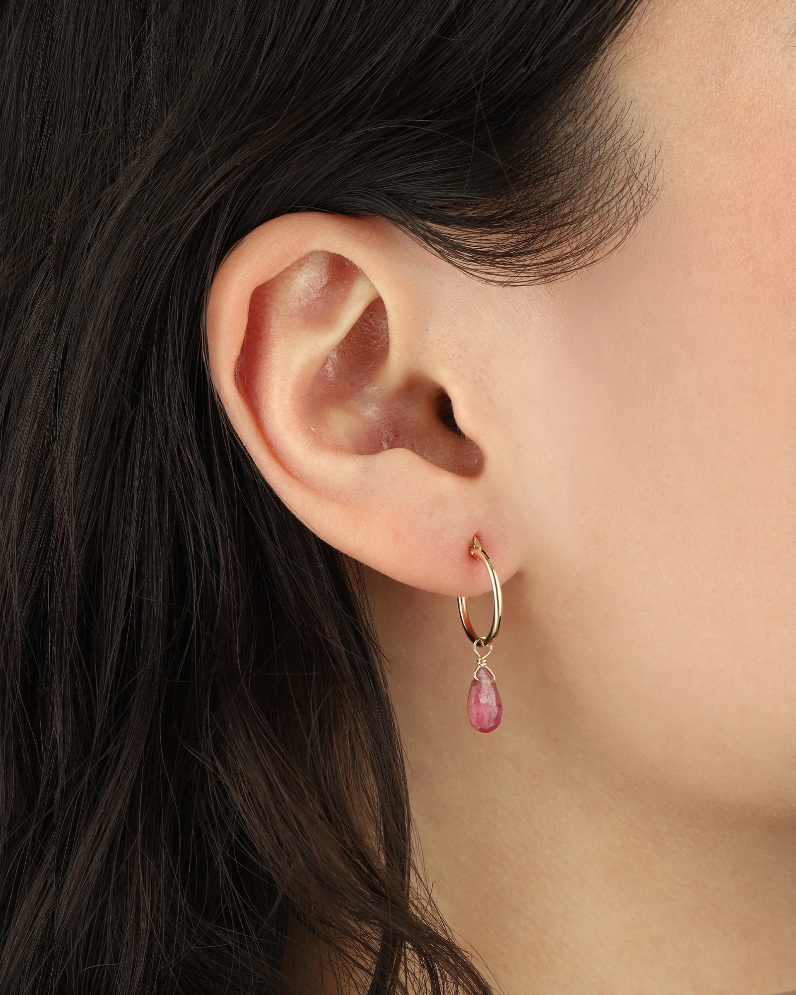Pink Sapphire Pear Floating Drop Huggies | 14mm - Image 3